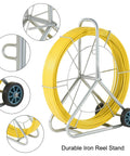 Beefy Heavy Duty Fiberglass Duct Rodder 8mm By 150m 492ft With Wheel Stand, yellow fiberglass rod on iron reel stand with wheels.