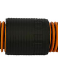 Vacuum hose with orange spiral tubing and black plastic coupler, close-up view