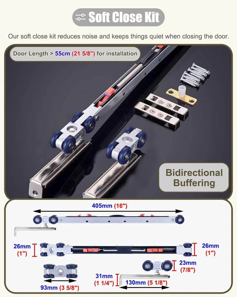 Pocket Door Track Kit For Barn Doors 5.9ft silver sliding and bifold hardware laid out, includes soft close mechanism and ceiling mount