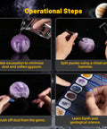 Totally Awesome Gemstones Dig Kit for Kids - Operational steps with hands using tools to excavate gems from purple moon-shaped plaster