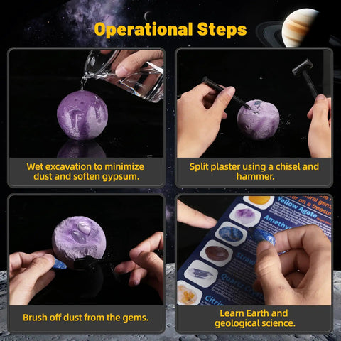 Totally Awesome Gemstones Dig Kit for Kids - Operational steps with hands using tools to excavate gems from purple moon-shaped plaster