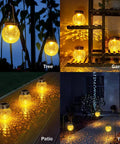 Outdoor Solar Lanterns 2 Pack IP65 Waterproof Hanging Lights With Warm Amber and RGB Glow Crackle Glass Ball Globes for Patio, Garden, Tree, Backyard, Pathway, Railing Decor in different settings