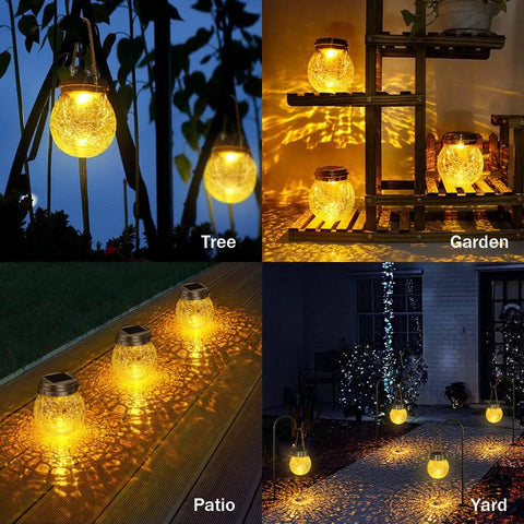 Outdoor Solar Lanterns 2 Pack IP65 Waterproof Hanging Lights With Warm Amber and RGB Glow Crackle Glass Ball Globes for Patio, Garden, Tree, Backyard, Pathway, Railing Decor in different settings