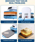 Professional Electric Heat Press Machine Blue White Large Capacity For T Shirts Hoodies Professional Sublimation Heat Press For Htv Vinyl And Diy Craft Projects Big Work Area showing 2.17in height and 15x15in slide-out drawer.