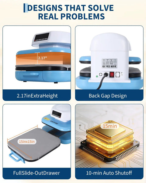 Professional Electric Heat Press Machine Blue White Large Capacity For T Shirts Hoodies Professional Sublimation Heat Press For Htv Vinyl And Diy Craft Projects Big Work Area showing 2.17in height and 15x15in slide-out drawer.