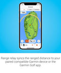 Mobile interface showing Approach Z30 Golf Laser Range Finder With 6X Magnification, Pin To Flag Distance Up To 400 Yards, and Garmin app