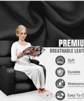 Woman reading on Rocking Recliner Chair With Massage And Heat, 360 Degree Swivel Faux Leather Lounge, black, in living room.
