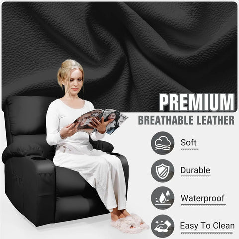 Woman reading on Rocking Recliner Chair With Massage And Heat, 360 Degree Swivel Faux Leather Lounge, black, in living room.