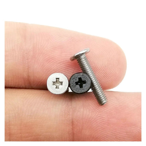 Gotta Have This Twenty Five Piece Carbon Steel Phillips Cross Recess Set M2 M3 M4 Ultra Low Profile Thin Wafer Black Zinc Screws showing three screws in hand, featuring black zinc and silver finishes.