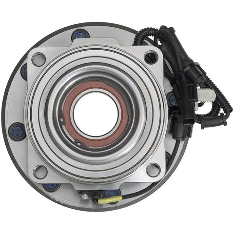 Top view of polished rust-protected front wheel hub and bearing assembly for dual rear wheel trucks fits 6.2L 6.7L V8 engines.