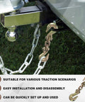 No Nonsense Heavy Duty Double Clevis Slip Hooks 2 Pack with chains attached to a trailer hitch for towing.