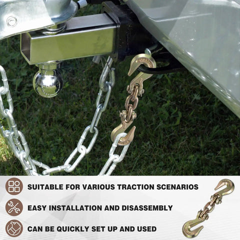 No Nonsense Heavy Duty Double Clevis Slip Hooks 2 Pack with chains attached to a trailer hitch for towing.