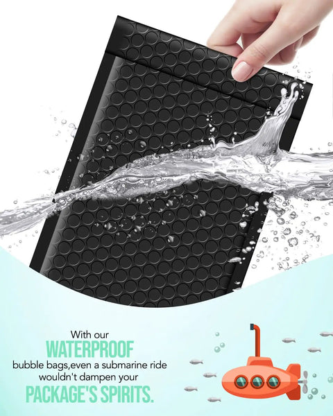 5x10 Inch Black Bubble Mailers Self Sealing Padded Envelopes showing waterproof design