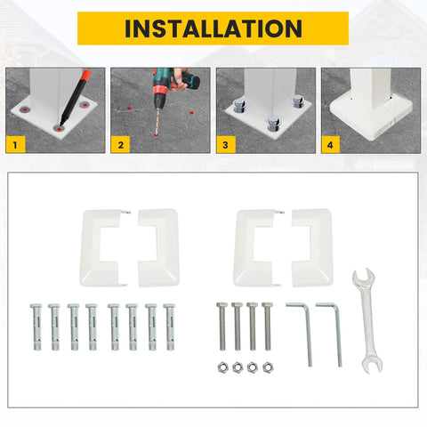 Installation steps for Adjustable Three Foot Steel Step Handrail For Outdoor Stairs with tools and components.