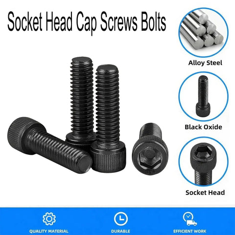 Boss Level M5 X 20mm Socket Head Cap Screw Bolts Grade 12.9 Alloy Steel Black Oxide Full Thread Hex Drive Machine Fasteners Built For The Daily Grind Includes Wrench 25 Pack close up of black oxide screws