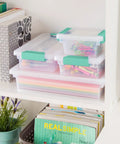 Six Pack Clip Boxes With Latching Lids, Stackable Clear Plastic Storage Bins For Arts And Crafts, Office, Classroom Or Home Organization, Large Fourteen By Eleven By Three And A Quarter Inches displayed on a shelf with organized items inside.