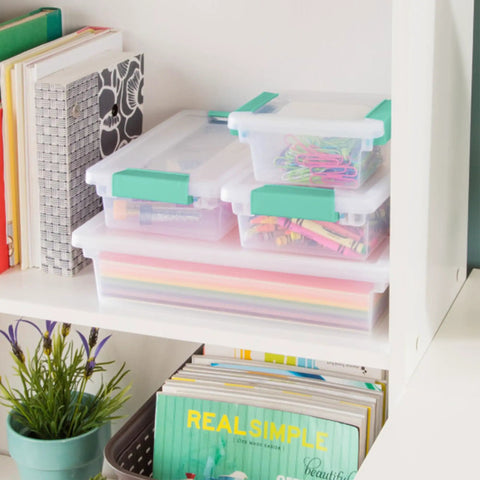 Six Pack Clip Boxes With Latching Lids, Stackable Clear Plastic Storage Bins For Arts And Crafts, Office, Classroom Or Home Organization, Large Fourteen By Eleven By Three And A Quarter Inches displayed on a shelf with organized items inside.