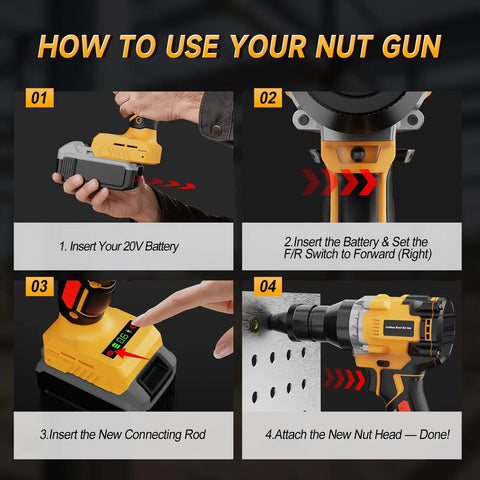 Steps to use Cordless Rivet Nut Gun Kit With Auto Mode And Memory for metal fabrication and car repair using 20V battery.
