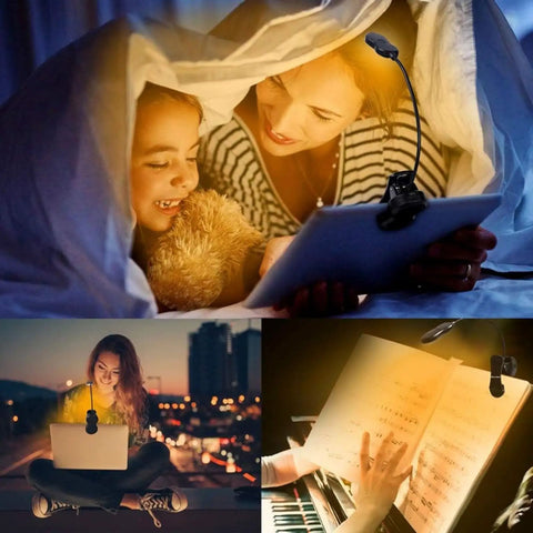 Collage of Amber Clip On Book Light With Rechargeable Battery in use for reading and laptop lighting at night.