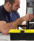 Rock Solid Plastic Toolbox Organizer With Heavy Duty Carry Handle And Secure Snap Buckle Closure For Mechanics Workshop Hardware Tool Storage on table.