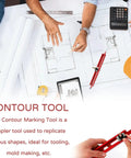 Hands using Dead On Double Sided Contour Scribe Tool With Smooth Tracking Pulleys for precise marking on blueprints.