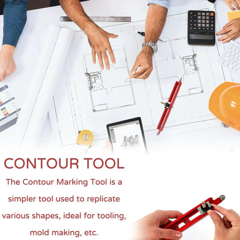 Hands using Dead On Double Sided Contour Scribe Tool With Smooth Tracking Pulleys for precise marking on blueprints.