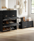 54-Pair Shoe Storage Cabinet With Door And Cover 2 By 9-Tier Space Saving Plastic Shoe Rack Organizer For Closet Hallway Living Room Bedroom Garage Black displayed in a modern living room with shoes stored inside.