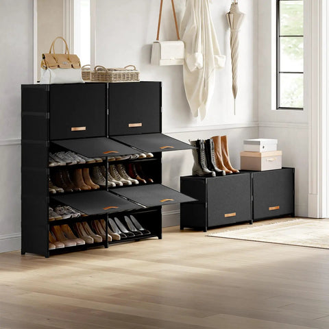 54-Pair Shoe Storage Cabinet With Door And Cover 2 By 9-Tier Space Saving Plastic Shoe Rack Organizer For Closet Hallway Living Room Bedroom Garage Black displayed in a modern living room with shoes stored inside.
