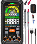 True RMS 10000 Counts Digital Multimeter with test leads and USB charger, featuring dual fuse protection and input jack alerts.