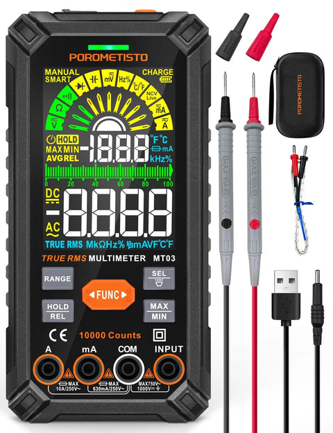 True RMS 10000 Counts Digital Multimeter with test leads and USB charger, featuring dual fuse protection and input jack alerts.