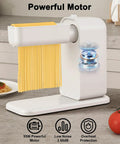 Electric Pasta Maker With Roller And Cutters For Fresh Noodles, white unit with spaghetti being extruded, countertop use