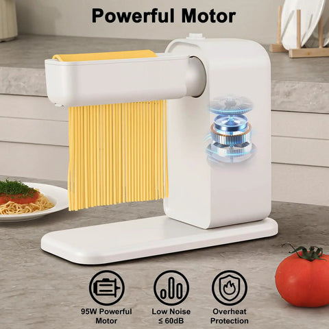 Electric Pasta Maker With Roller And Cutters For Fresh Noodles, white unit with spaghetti being extruded, countertop use