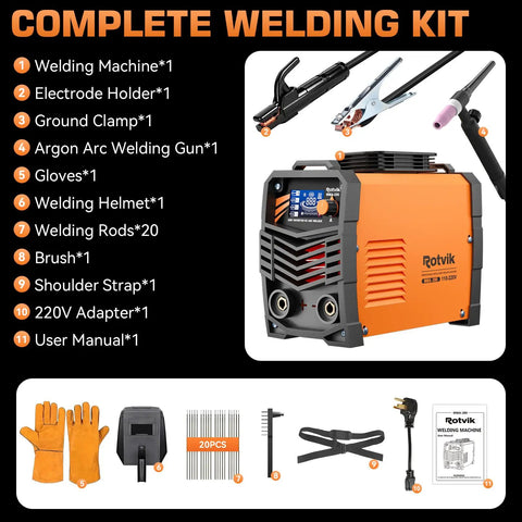 Complete kit of 200 Amp Dual Voltage MMA Welder With Hot Start Arc Force Anti Stick Lift TIG Torch 110V 220V Portable Welding Machine For DIYers And Pros Includes 220V Adapter And 20 Rods
