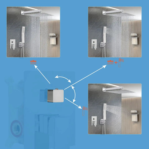 12 Inch Square Rain Shower Head With Extension Arm And Handheld Combo High Pressure All Metal Chrome Finish Shower System Includes Luxury Balance Valve Trim Kit diagram