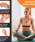Woman using Electric Thumb And Wrist Heating Pad for Hand Arthritis And Carpal Tunnel Relief, shown with targeted pain relief info.