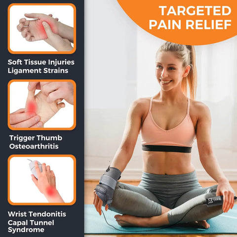 Woman using Electric Thumb And Wrist Heating Pad for Hand Arthritis And Carpal Tunnel Relief, shown with targeted pain relief info.