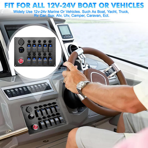 All In One Marine Rocker Switch Panel With LED Circuit Breaker 10 Circuits 12V 24V DC Socket Horn Button Dual USB Charger and Voltmeter