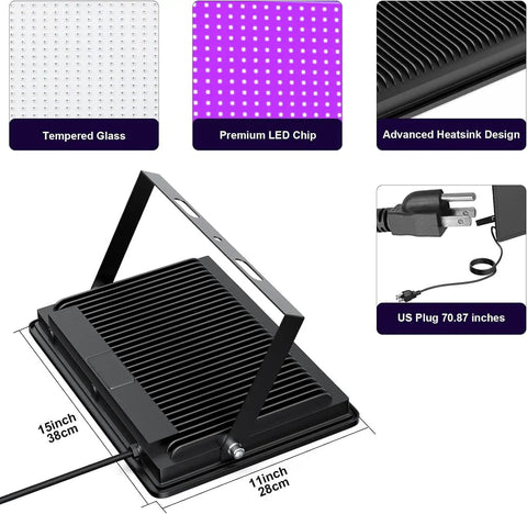 200W LED Black Light Flood Lights Outdoor With 6ft Cord Two Pack For Blacklight Parties Stage Lighting Aquarium Body Paint Neon Glow In The Dark Night Lit Bundle, showing dimensions, tempered glass, LED chip, and heatsink design.