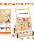 Flat Out Favorite For Little Kiddos With This Wooden Baby Walker Activity Center featuring weather station with shapes and colors.