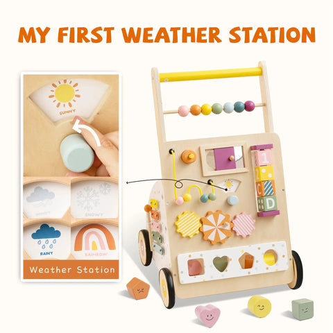 Flat Out Favorite For Little Kiddos With This Wooden Baby Walker Activity Center featuring weather station with shapes and colors.