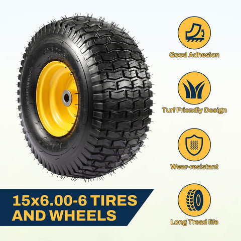 Two Pack 15x6-6 Tire And Wheel Assembly For Riding Lawn Mowers, Beefy Heavy Duty 4 Ply Tubeless Tires, 500 Lb Capacity