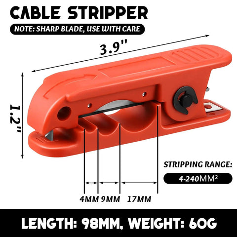 Two Piece LCP-240 Wire Stripper Set With Ten Blades, Heavy Duty Cable Stripping Tool For AWG 12 To 4/0 Cables, orange tool close-up
