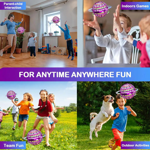 Image showing kids and adults playing with the 2025 Upgraded Flying Orb Ball Toy With Hover Boomerang Spin Mini Drone indoors and outdoors.