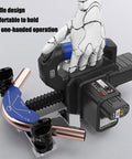 Kickass Electric Copper Tube Bender For HVAC Pros showing adjustable handle for easy one-handed operation and pipe fittings.