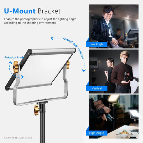 Dimmable Bi Color LED Video Light With U Bracket For Studio And YouTube Vlog Shoots, rotation angles on various stands.