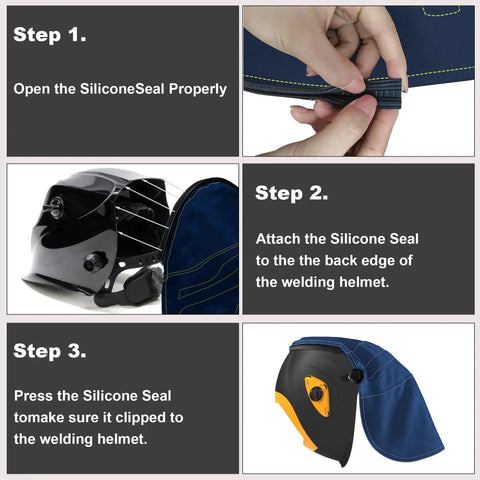 Extended Welding Helmet Cover With Press Fit Seal for Extra Head and Neck Protection installation steps and silicone seal application