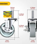 Dimensions of Heavy Duty Stem Casters Wheels Set Of 8 With Brakes For 3/8-16 Threaded 1.5 Inch Stems with measurements.