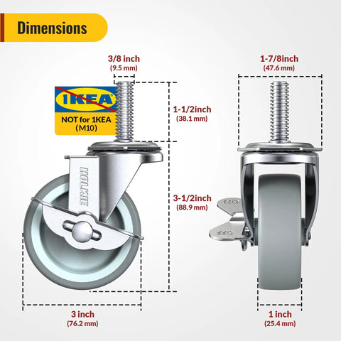 Dimensions of Heavy Duty Stem Casters Wheels Set Of 8 With Brakes For 3/8-16 Threaded 1.5 Inch Stems with measurements.