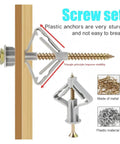 Heavy Duty Plastic Toggle Wall Plugs For Drywall And Plasterboard Installations Hollow Wall Expansion Anchors Kit For Mounting Curtains Lamps Frames And Decor White 5 cm Size 100 Sets Pack Quick Fix Hardware Fixing Tools illustrated with screw set and plastic anchor
