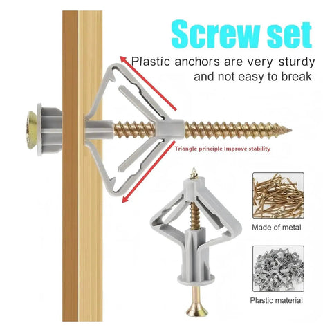 Heavy Duty Plastic Toggle Wall Plugs For Drywall And Plasterboard Installations Hollow Wall Expansion Anchors Kit For Mounting Curtains Lamps Frames And Decor White 5 cm Size 100 Sets Pack Quick Fix Hardware Fixing Tools illustrated with screw set and plastic anchor